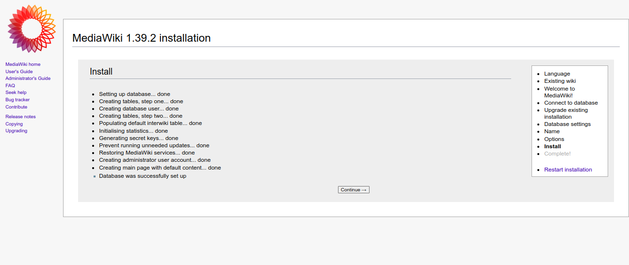 MediaWIki site installation screen