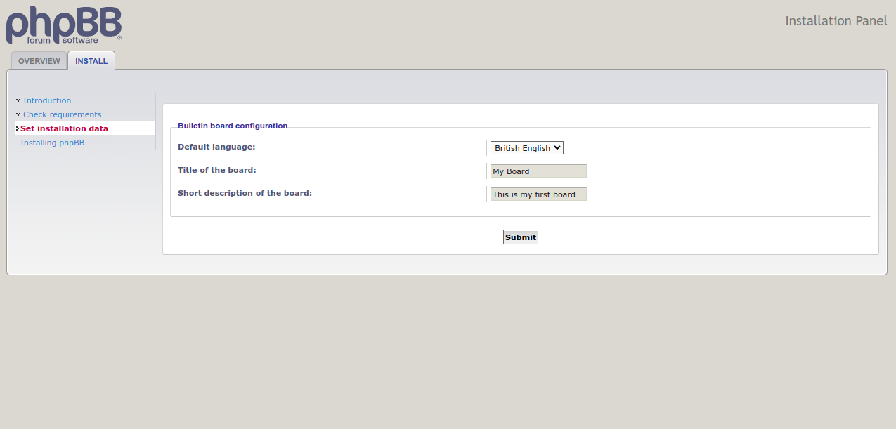 phpBB board configuration Screen