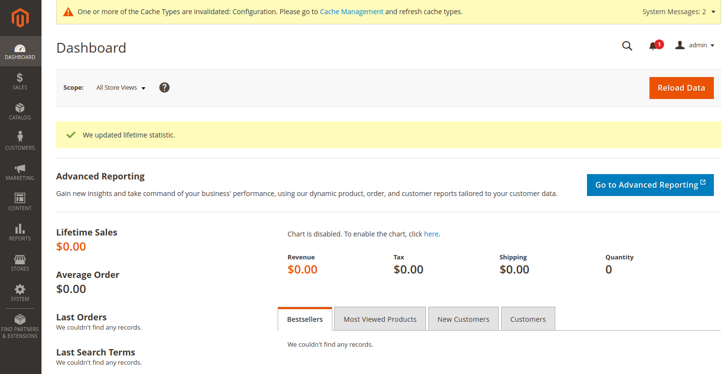 magento dashboard
