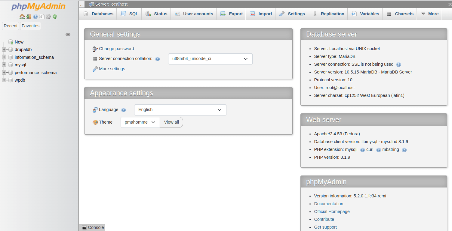 phpmyadmin dashboard