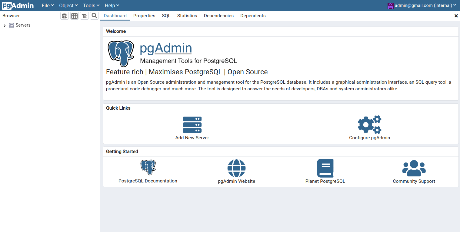 pgadmin dashboard