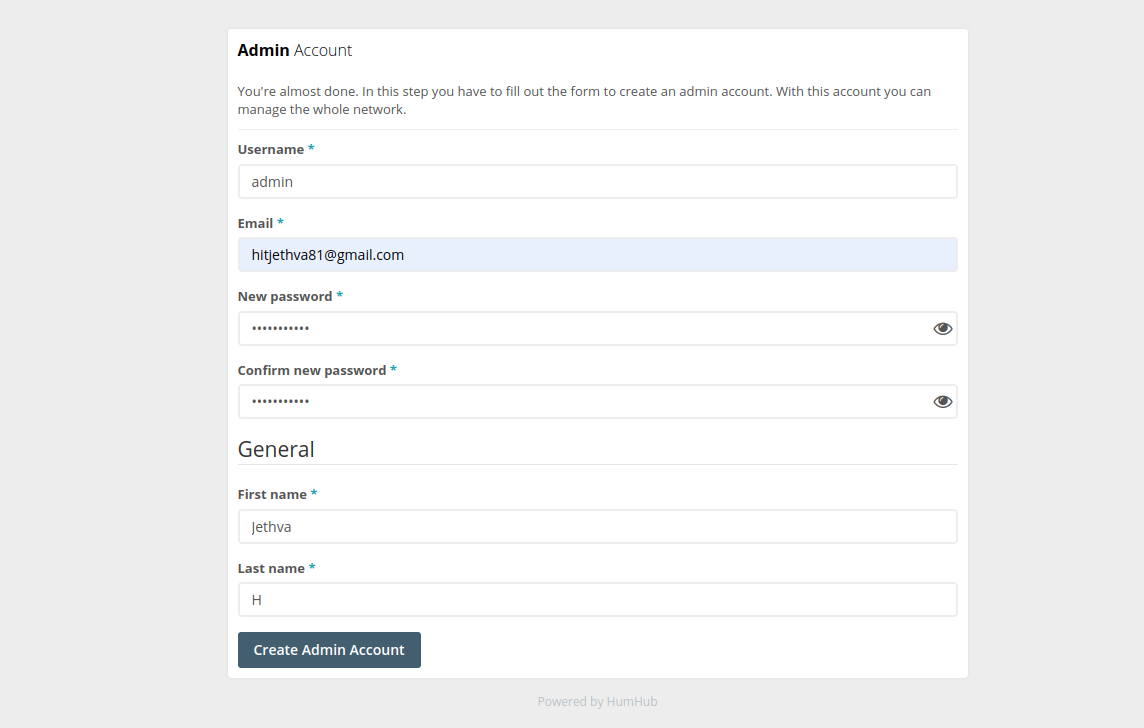 humhub account creation page