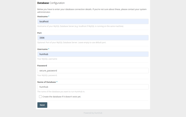 humhub database settings