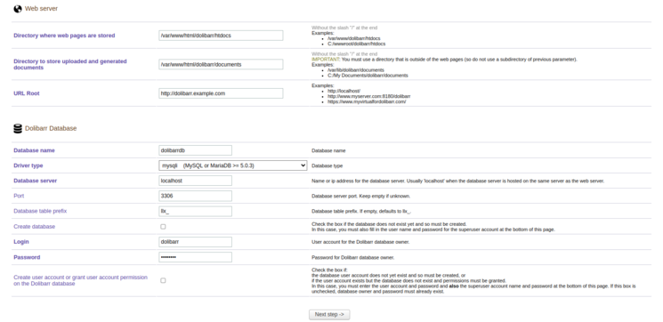 Dolibarr database configuration page
