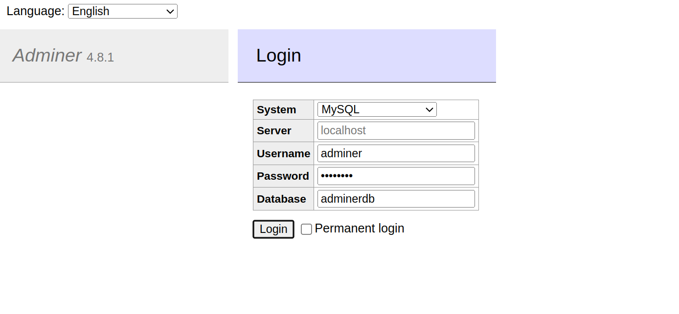 adminer login page
