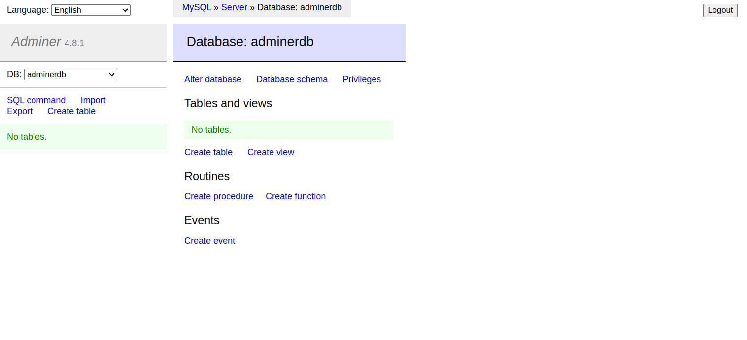 adminer dashboard page