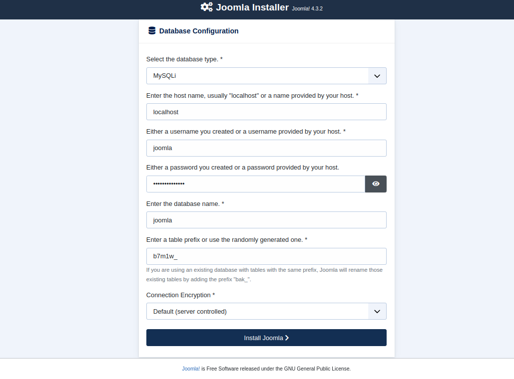 joomla define database 