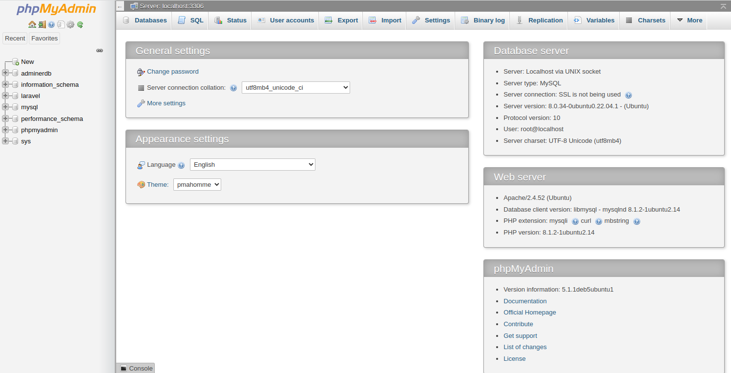 phpmyadmin dashboard