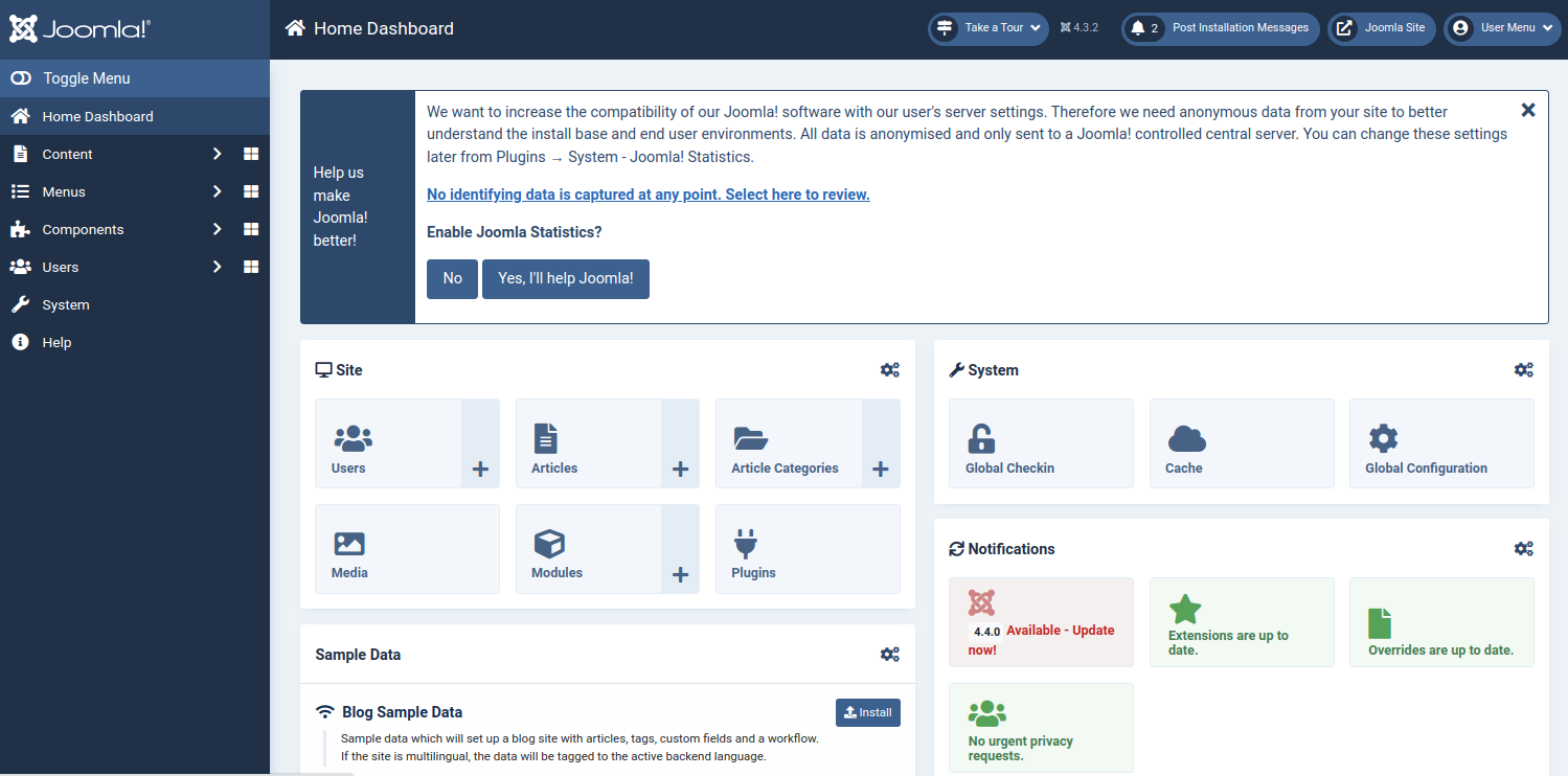 joomla dashboard