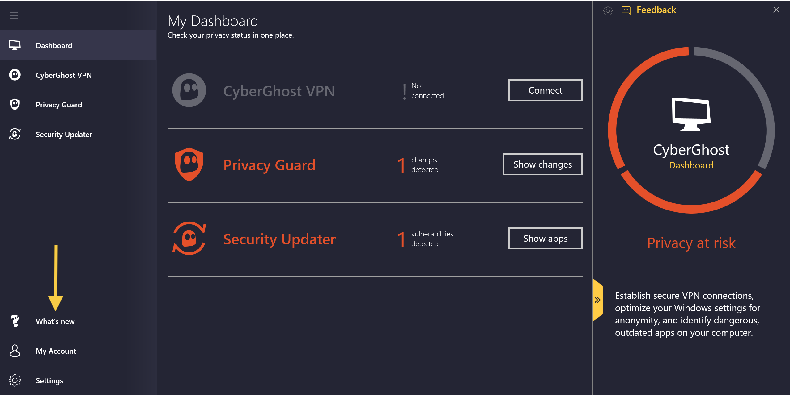 CyberGhost dashboard
