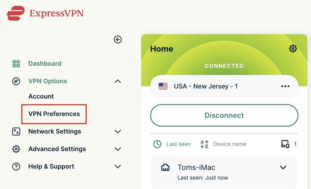 ExpressVPN dashboard