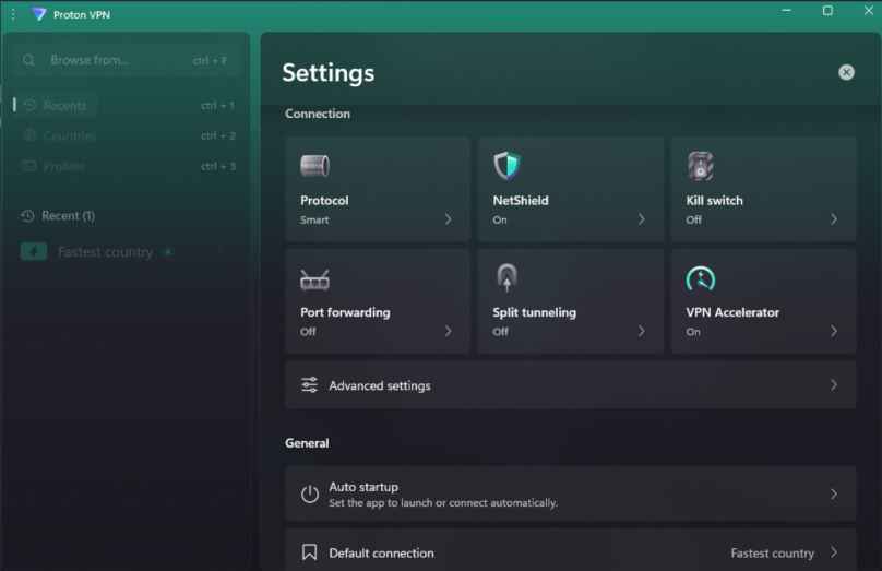 Proton VPN dashboard