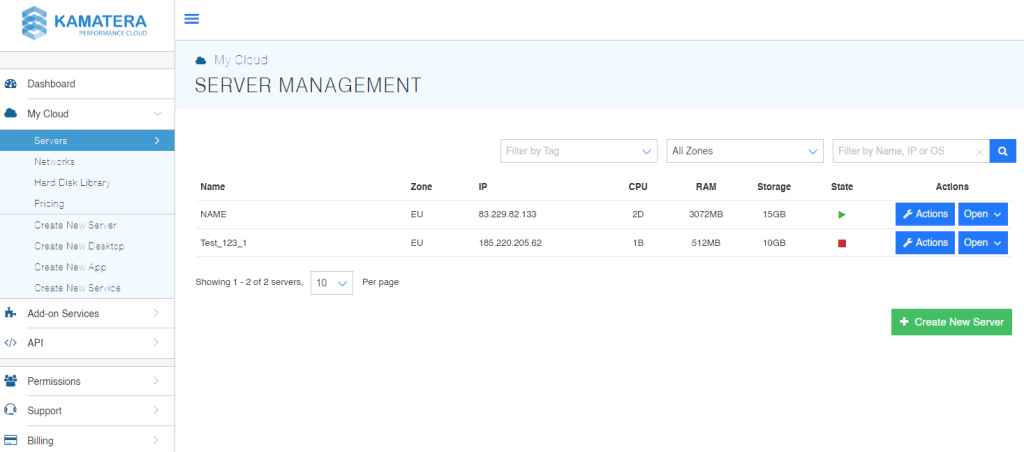 Kamatera cloud dashboard