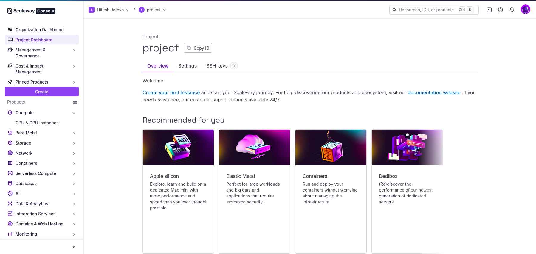 Scaleway server panel