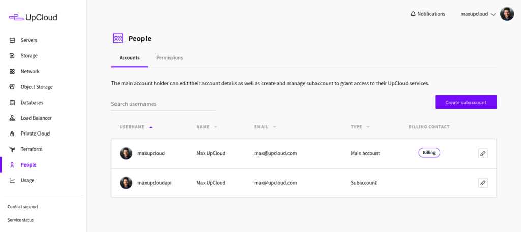 UpCloud server panel